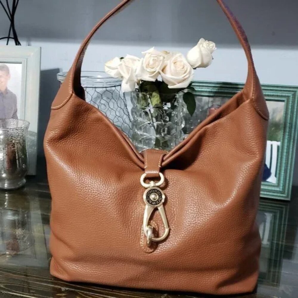 Leather Shoulder Hobo Bag in Cognac